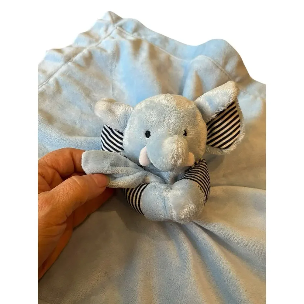 Carter's Blue Elephant Striped Ears Arms Rattle Lovey Security Blanket 16x16”